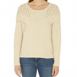 Boston Proper Oatmeal Cream Cable Knit Fringe Sweater - Size Large